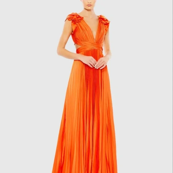 NWT Mac Duggal 26729 [12] Pleated Ruffled Cap Sleeve Cut Out Lace Up Gown Orange - Picture 2 of 12